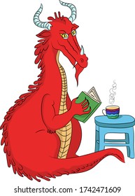 Dragon sitting and reading a book. Diada de Sant Jordi (the Saint George's Day). Traditional festival in Catalonia, Spain. Vector illustration.