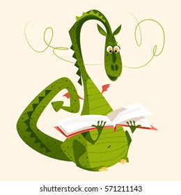 Dragon sitting and reading a book. Diada de Sant Jordi (the Saint George's Day). Traditional festival in Catalonia, Spain. Vector illustration. 