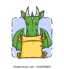 Dragon sitting and reading an old scroll. Fairytale cute monster. Vector illustration