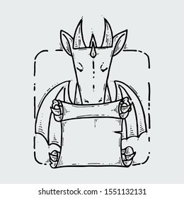 Dragon sitting and reading an old scroll. Fairytale cute monster. Vector illustration