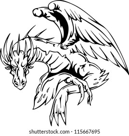 Dragon sitting - tattoo design. EPS vector illustration.