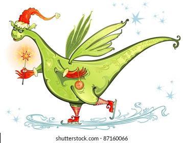 The dragon skates. The happy dragon skates. A New Year's illustration.