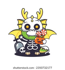 Dragon with skeleton costume holding halloween pumpkin. 