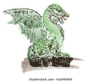 Dragon Sketch Cartoon Watercolor Vector