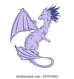 Dragon sketch. Violet and lilac fairy tale beast. Hand drawn vector illustration.