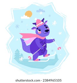 Dragon skier skis among the forest on a sunny day. Cute Dragon cartoon mascot character. Winter time. Dragon Year. Vector.