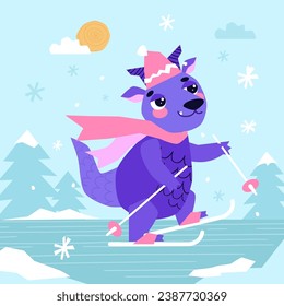 Dragon skier skis among the forest on a sunny day. Cute Dragon cartoon mascot character. Winter time. Dragon Year. Vector.