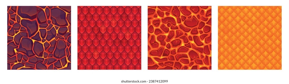 Dragon skin. Animal fire armour stone lava seamless pattern, red snake fairy dragons reptile scale structure, roof tile cartoon game ingenious vector illustration of skin pattern texture design