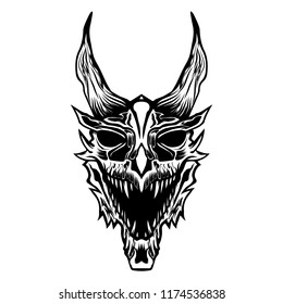 Dragon skull angry black and white vector illustration