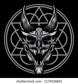 Dragon skull angry vector illustration in circle ornament