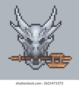 Cráneo del dragón con el hacha de oro en estilo del arte del pixel