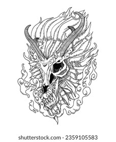 Dragon Skull Hand Drawn in Engraving Style