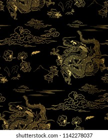 dragon sky chrysantemum vector seamless japanese chinese pattern gold black traditional