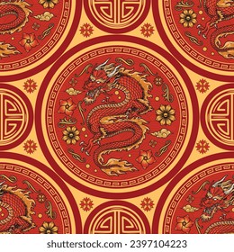 Dragon slayer colorful seamless pattern with menacing animals and flowers in Asian style symbolizing yakuza and triad vector illustration