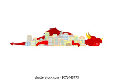 Dragon sleeps in city. Mythical monster in town
