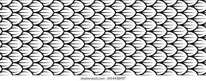 Dragon snake reptile fish mermiad scale seamless pattern tile. Dinosaur skin seamless pattern. Vector black line background.