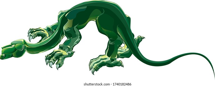 the dragon sniffs the flowers. lizard green color. Monster. isolated vector illustration.