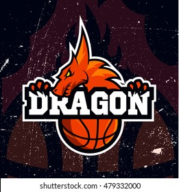 Dragon sport logo basketball design. Vintage college team coat of arms. Vector logotype template. Airsoft squad t-shirt illustration concept