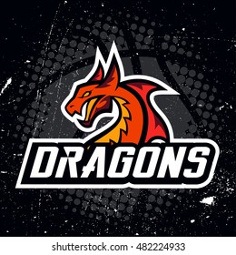 Dragon sport logo basketball design. Vintage college team coat of arms. Vector logotype template. Airsoft squad t-shirt illustration concept