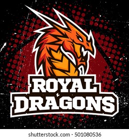 Dragon sport logo basketball design. Vintage college team coat of arms. Vector logotype template. Airsoft squad t-shirt illustration concept