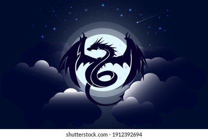 The dragon spread its wings against the full moon. Vector illustration