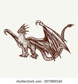 Dragon standing, hand drawn doodle sketch, ink drawing illustration