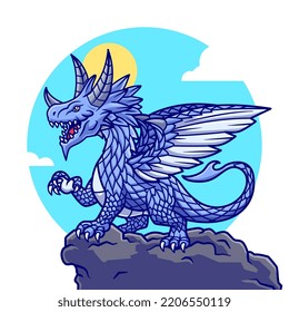 Dragon Standing On Mountain Cartoon Vector Icon Illustration. Animal Nature Icon Concept Isolated Premium Vector. Flat Cartoon Style