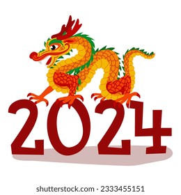 The dragon stands on the numbers 2024. The inscription is in the Chinese year of the dragon. Happy New Year. Symbol 2024. Vector illustration of the festival bright dragon