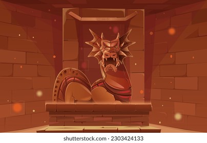 Dragon statue on a pedestal. Room interior of an ancient temple. Monument of architecture red dragon guarding the dungeon. Stone statue, brick wall, archeological artifact. Vector cartoon illustration