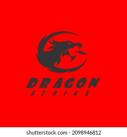 dragon strike logo design template in red background.