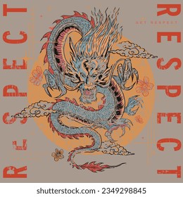 Dragon, with sun background, with flowers, and typography.