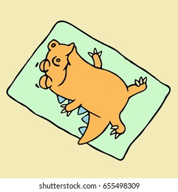 Dragon sunbathing on the beach. Vector illustration. Cute cartoon character.
