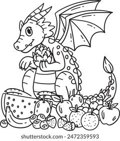 Dragon Surrounded by Fruits Isolated Coloring Page