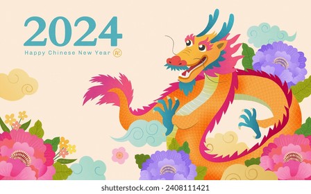 Dragon surrounded by pastel color flowers and clouds on cream white background. Text: Dragon.