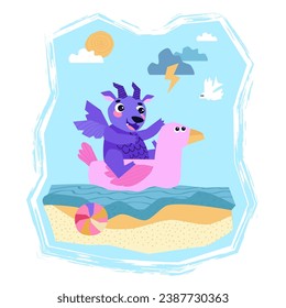 Dragon swims in a Pink inflatable flamingo. July. Summer time. Happy Chinese New Year 2024. Year of the Dragon. Vector