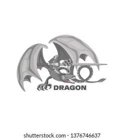 Dragon with a sword. Mythical animal. Design for printing on paper or textile. Vector illustration isolated on a white background