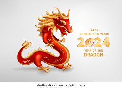 Dragon is a symbol of the 2024 Chinese New Year. Realistic 3d figure of red-golden Dragon isolated on a white background. Holiday vector illustration of Zodiac Sign Long Dragon