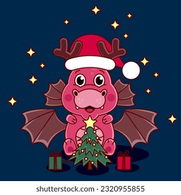 Dragon symbol of 2024. Cute Chinese dragon horoscope sign. Cartoon illustration. Symbol of the 2024. Chinese New Year animal sign. Chinese Zodiac. Sign Dragon with Santa Claus hat