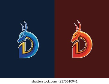 Dragon symbol - capital letter "D" - vector illustration. mascot dragon logo with d letter two colors of dragons