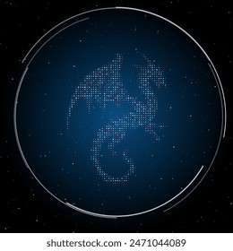 El símbolo del dragón lleno de puntos blancos. Estilo puntillismo. Algunos puntos son rojos. Ilustración vectorial sobre fondo azul con estrellas