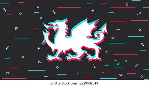 The Dragon. Symbol of a mythical creature. Symbol of Wales. Glitch background. Vector illustration