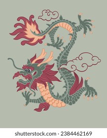 Dragon symbol of new year of 2024, isolated creature with claws and reptilian tail. Scary beast, clouds and chinese signs or drawings. Monster from fairy tales. Vector in flat style illustration