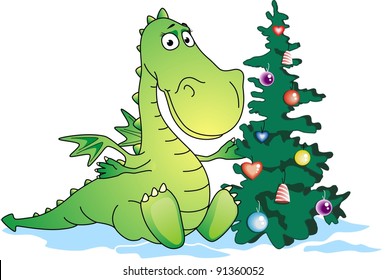 The dragon – a symbol of new year sits near to a celebratory fur-tree