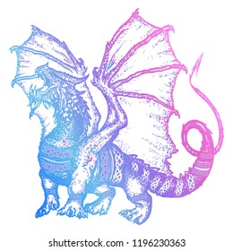Dragon tattoo art. Symbol force, fantasy, fairy tale. Strong dragon with celtic ornament 