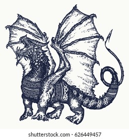 Dragon tattoo art. Symbol force, fantasy, fairy tale. Strong dragon with celtic ornament t-shirt design 