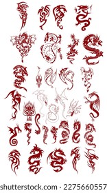 Dragon Tattoo Collection Vector Illustration. Chinese Dragon
