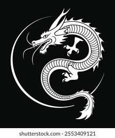 dragon tattoo minimalist design, isolated black background