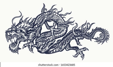 Сhinese dragon tattoo. Traditional asian style. China. Ancient mythology and culture 