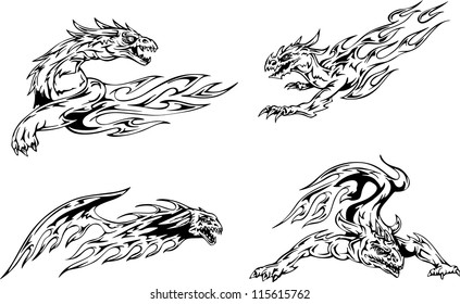 Dragon tattoos with flames. Set of black and white vector illustrations.