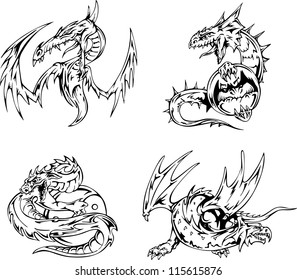 Dragon tattoos. Set of black and white vector illustrations.